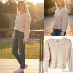 J. Crew alpaca pointelle wool blend puff sleeves cable knit sweater